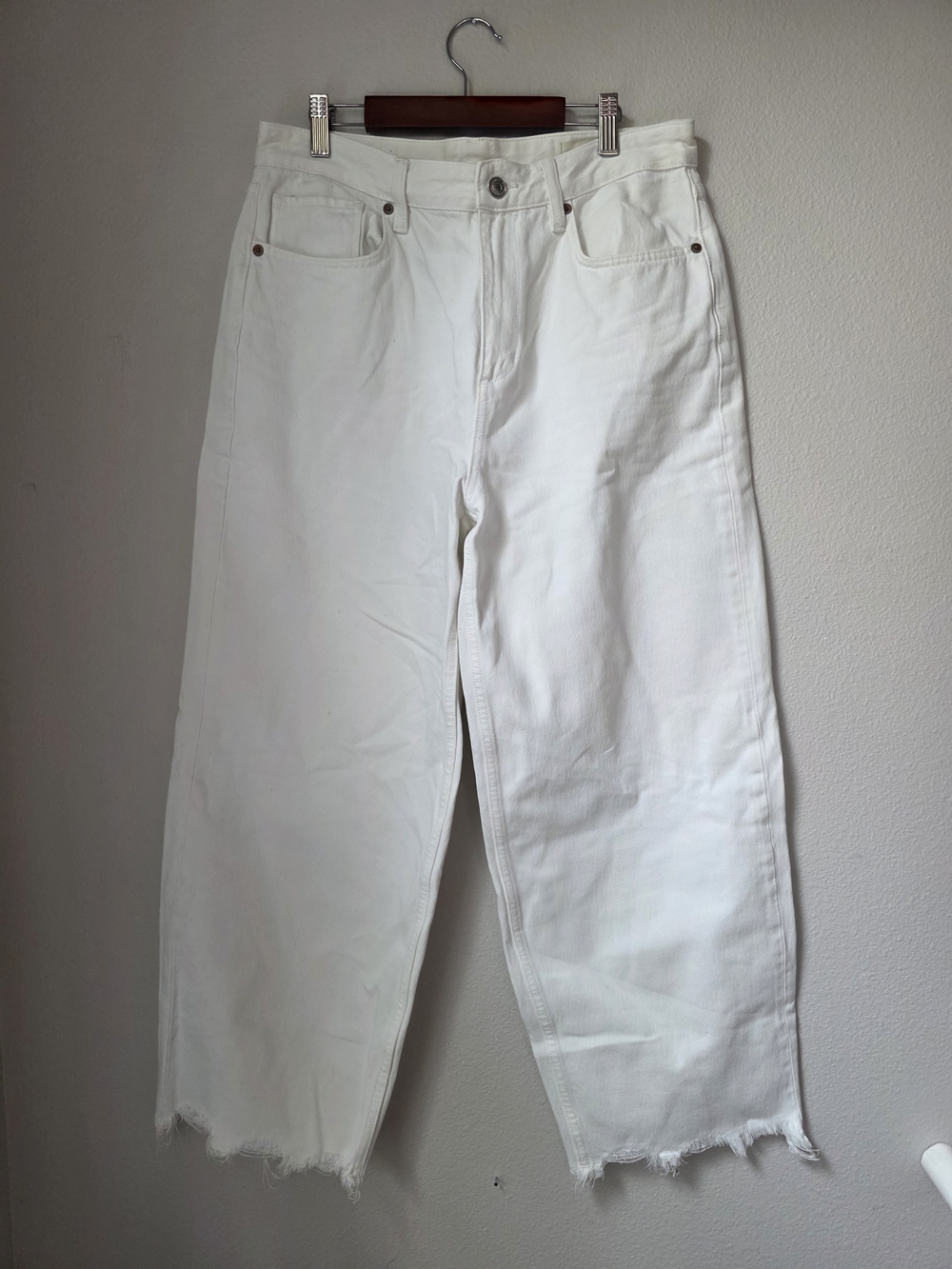 AllSaints Cropped White Jeans with Frayed Hem